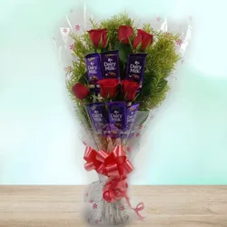 Appealing Bunch of Red Roses n Cadbury Dairy Milk Chocolate Bar