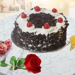 Online Black Forest Cake with Red Rose 