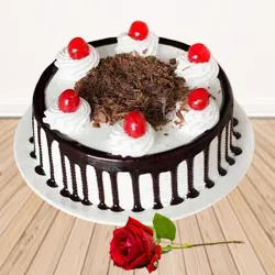 Deliver Eggless Black Forest Cake with Single Rose