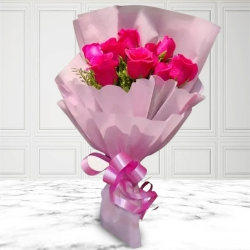 Eye-Catching Pink Roses Tissue Wrapped Bouquet