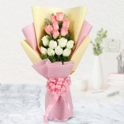 Lovely Pink and White Roses Bunch with Filler Flowers 
