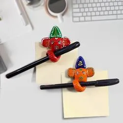 Auspicious Pair of Handmade Multi Purpose Ganesha Pen Holder Cum Fridge Magnet with 2 Ball Pens n Sticky Note	