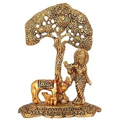 Sacred Gift of Metal Krishna Idol with Kamdhenu Cow