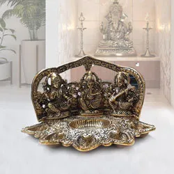 Deliver Metallic Diya with Ganesh, Lakshmi N Saraswati Idol 