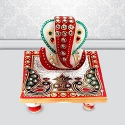 Stylish Marble Ganesh Chowki with Peacock Design
