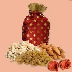 Lovely Gift of Assorted Dry Fruits Bag with 2 Diyas
