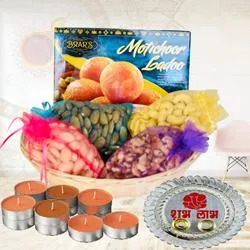 Exquisite Gift Pack of Dry fruits with Sweets Pooja Thali N Candles