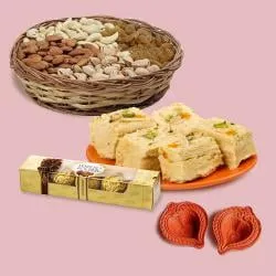 Ambrosial Gift of Dry Fruits Soan Papdi with Rocher n Diya Pair