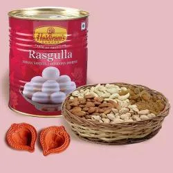 Tasty Dry Fruits in Bag Rasgulla n Diya Pair