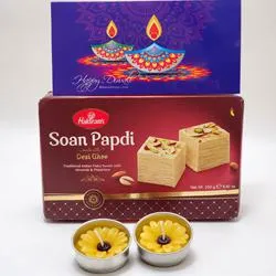 Gratifying Gift of Soan Papdi Gift Pack with Flowery Candles